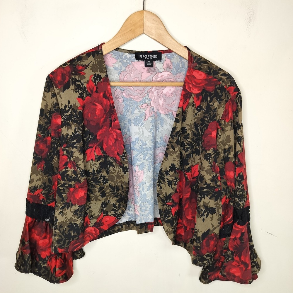 Perceptions Floral Jacket‎ Cardigan Topper Flare Sleeve Lace Inset